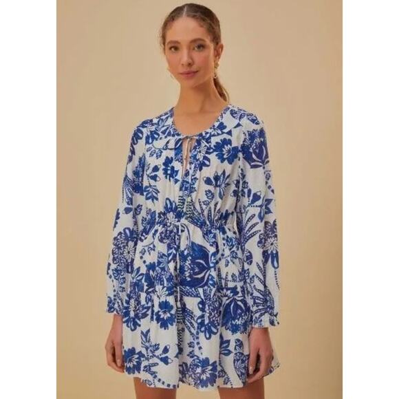 FARM Rio Off-White Flowerful Birds Long Sleeve Mini Dress - Picture 1 of 5